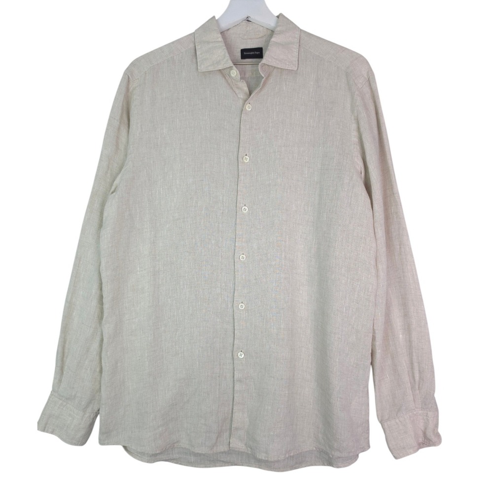Ermenegildo Zegna Shirt Mens Large Beige 100% Linen Long Sleeve Button Up Luxury